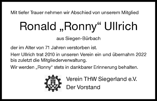 Traueranzeige von Ronald Ullrich von Siegener Zeitung