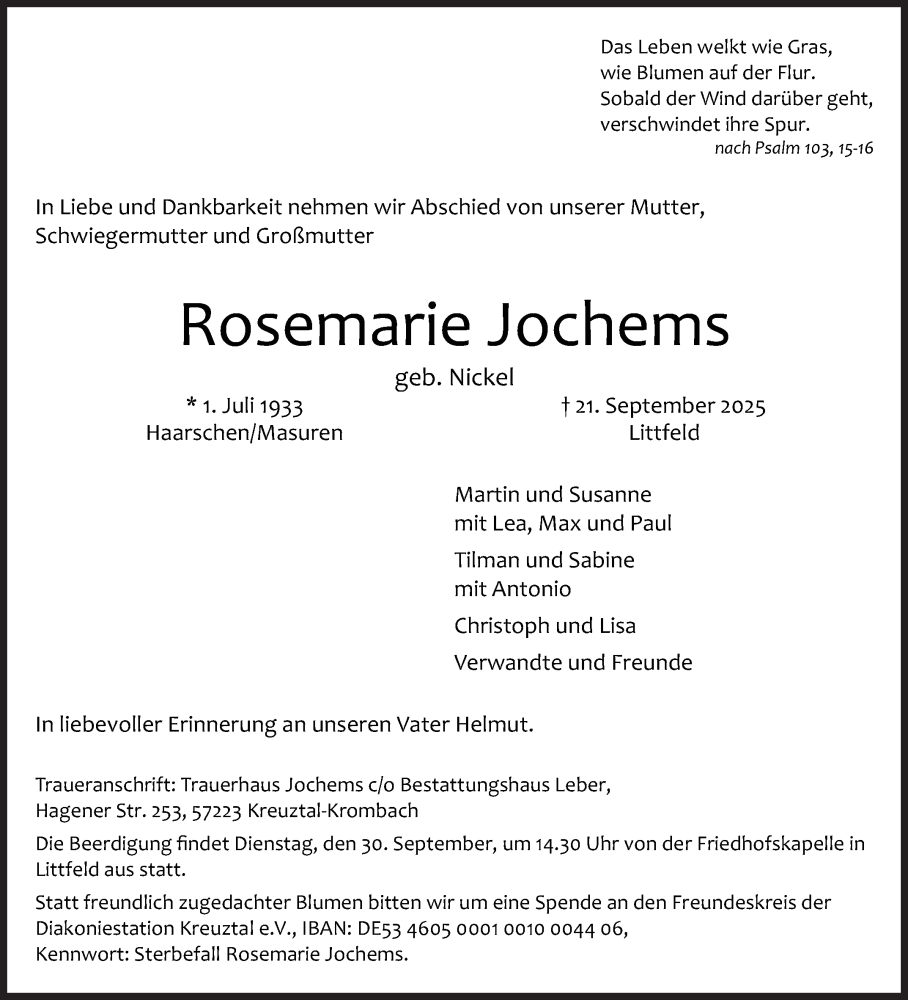  Traueranzeige für Rosemarie Jochems vom 27.09.2025 aus Siegener Zeitung