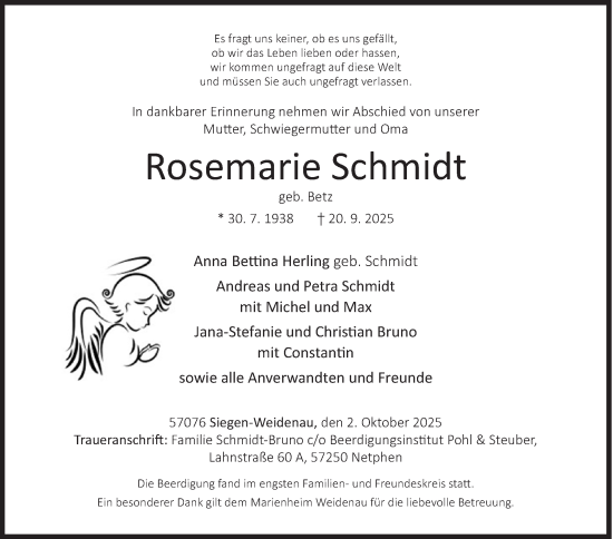 Traueranzeige von Rosemarie Schmidt von Siegener Zeitung