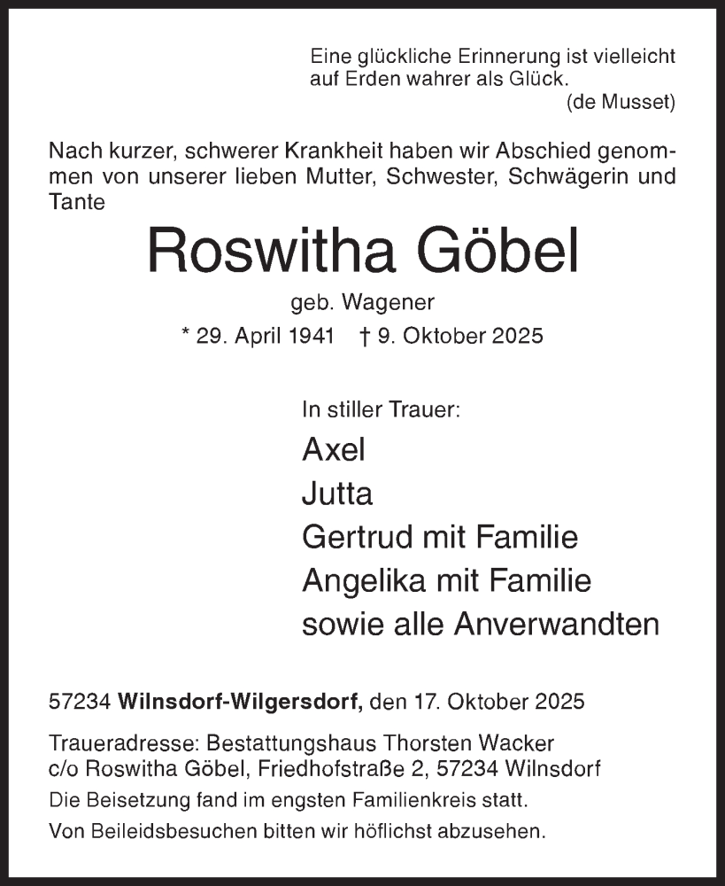  Traueranzeige für Roswitha Göbel vom 17.10.2025 aus Siegener Zeitung