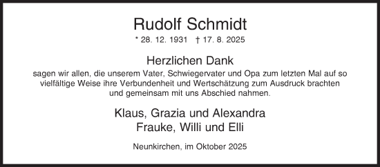 Traueranzeige von Rudolf Schmidt von Siegener Zeitung