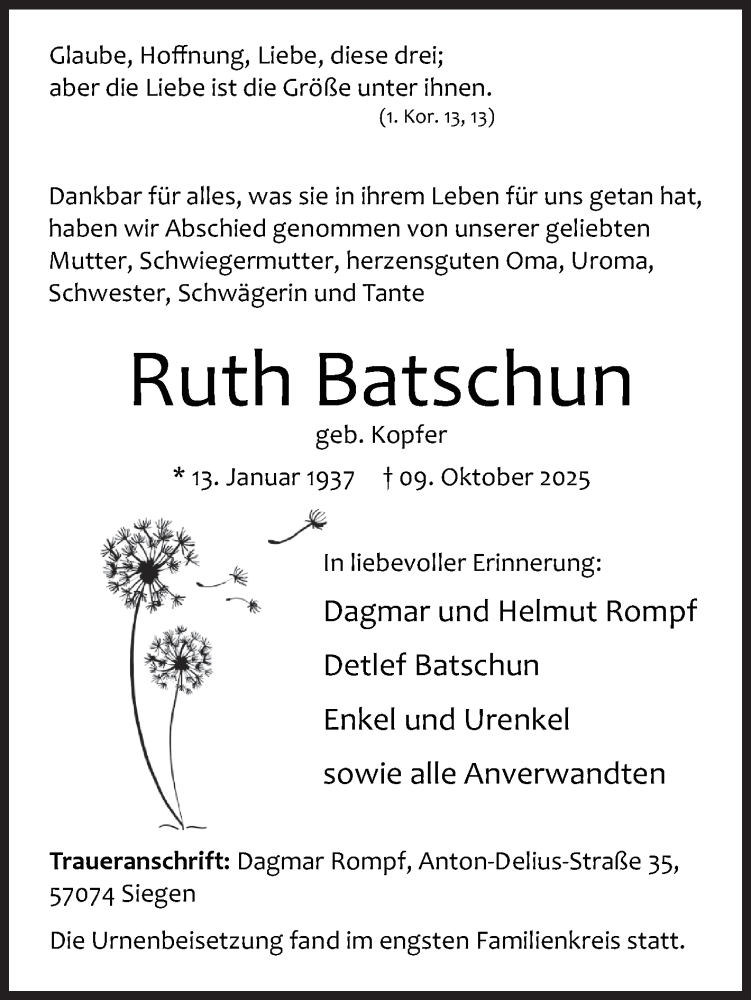  Traueranzeige für Ruth Batschun vom 23.10.2025 aus Siegener Zeitung