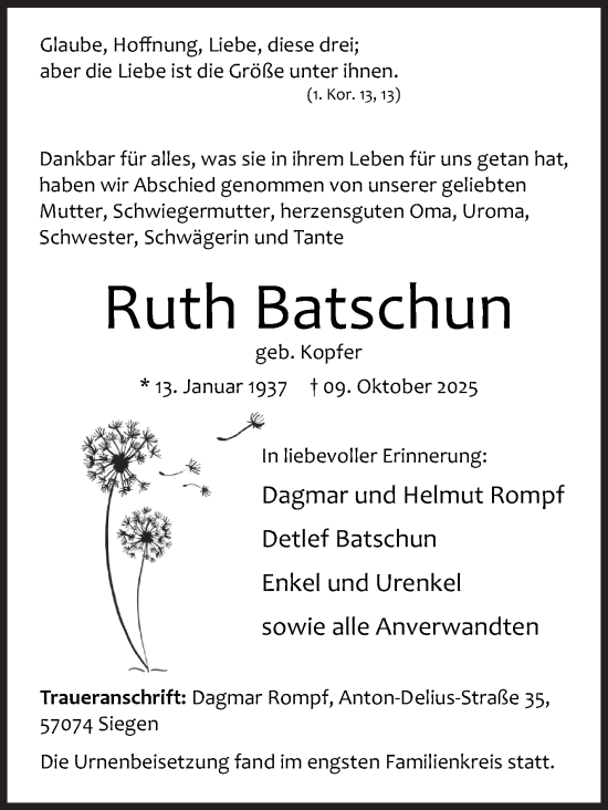 Traueranzeige von Ruth Batschun von Siegener Zeitung
