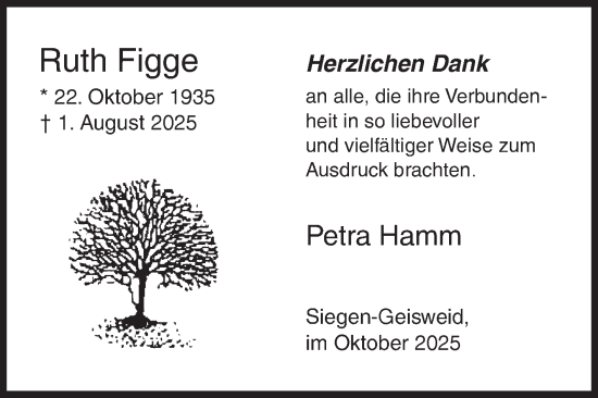 Traueranzeige von Ruth Figge von Siegener Zeitung