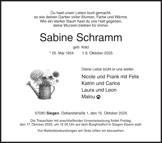 Traueranzeige von Sabine Schramm von Siegener Zeitung
