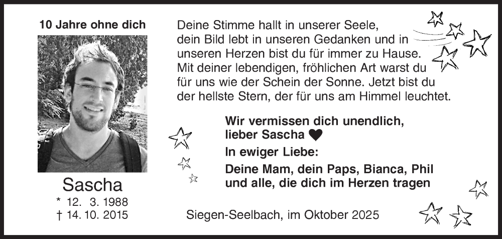  Traueranzeige für Sascha  vom 14.10.2025 aus Siegener Zeitung