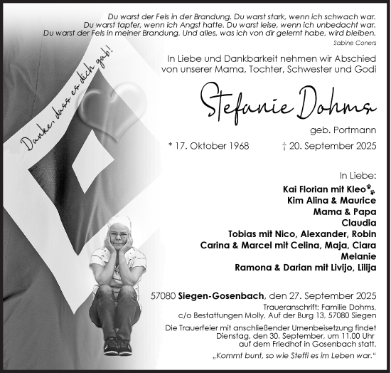 Traueranzeige von Stefanie Dohms von Siegener Zeitung