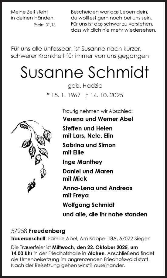 Traueranzeige von Susanne Schmidt von Siegener Zeitung