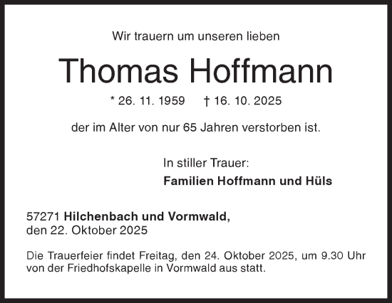 Traueranzeige von Thomas Hoffmann von Siegener Zeitung