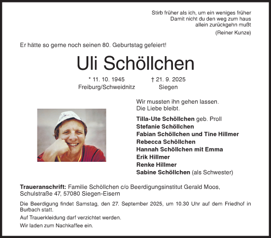 Traueranzeige von Uli Schöllchen von Siegener Zeitung