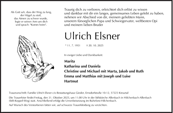 Traueranzeige von Ulrich Elsner von Siegener Zeitung