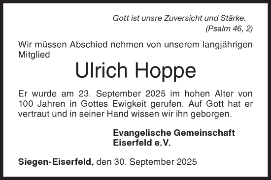 Traueranzeige von Ulrich Hoppe von Siegener Zeitung