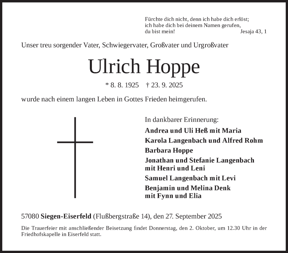  Traueranzeige für Ulrich Hoppe vom 27.09.2025 aus Siegener Zeitung