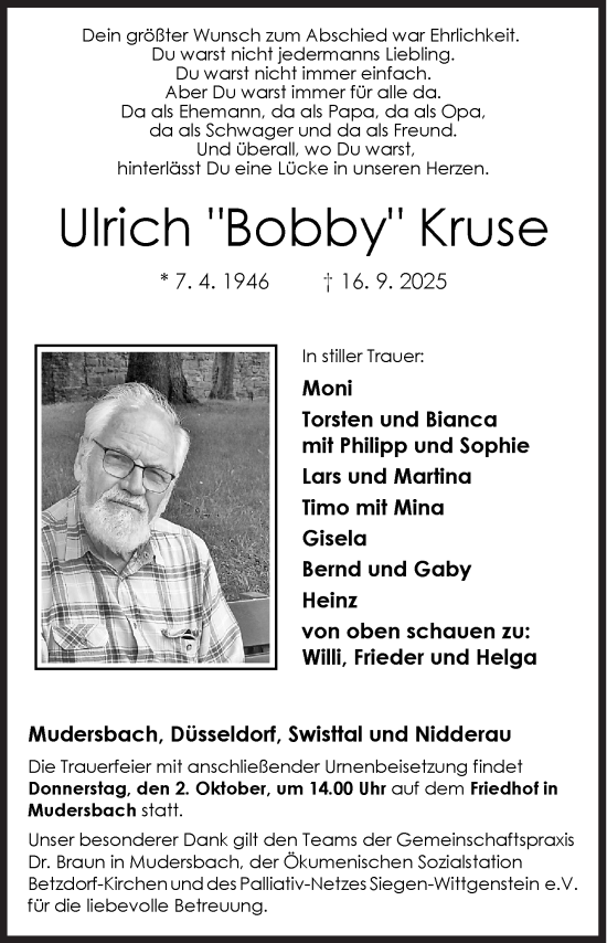 Traueranzeige von Ulrich Kruse von Siegener Zeitung