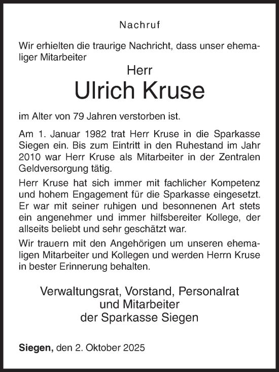 Traueranzeige von Ulrich Kruse von Siegener Zeitung
