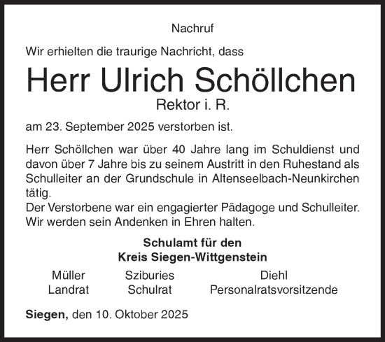 Traueranzeige von Ulrich Schöllchen von Siegener Zeitung