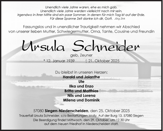 Traueranzeige von Ursula Schneider von Siegener Zeitung