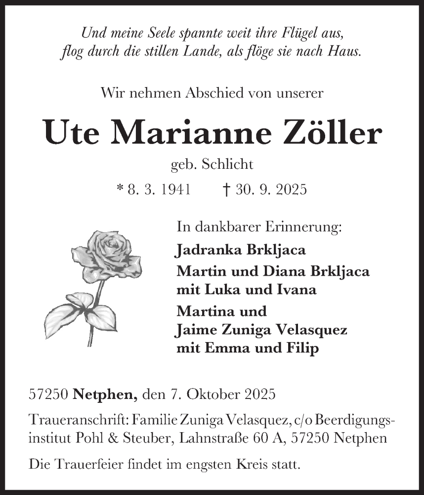  Traueranzeige für Ute Marianne Zöller vom 07.10.2025 aus Siegener Zeitung