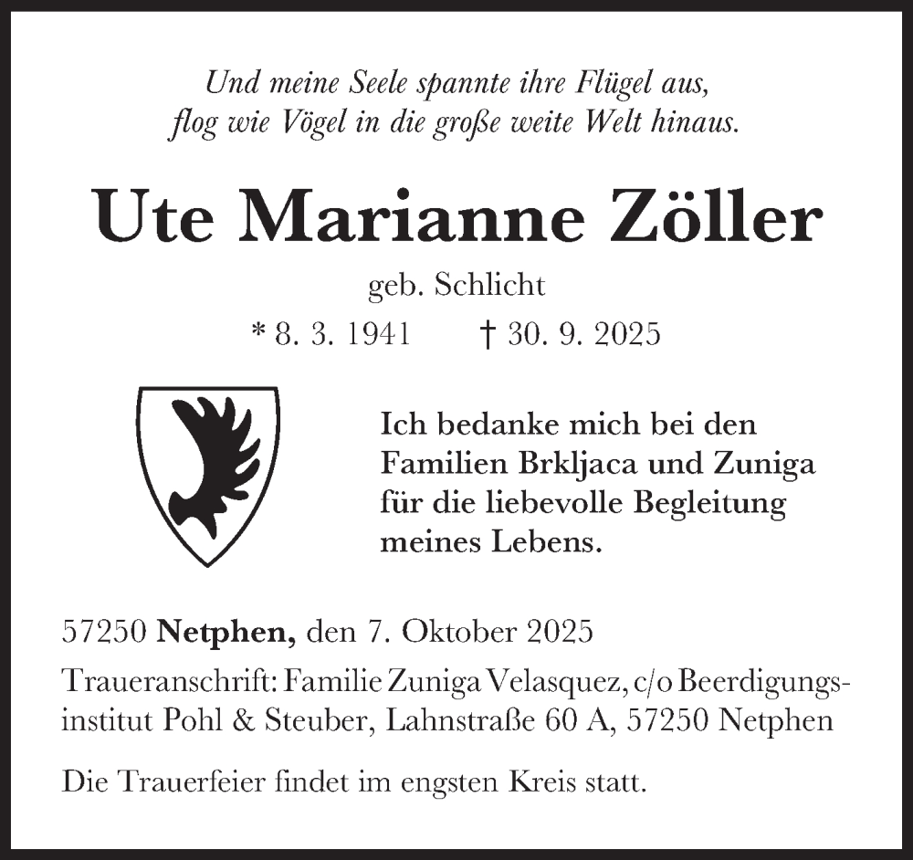  Traueranzeige für Ute Marianne Zöller vom 07.10.2025 aus Siegener Zeitung