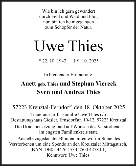 Traueranzeige von Uwe Thies von Siegener Zeitung
