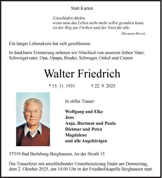 Traueranzeige von Walter Friedrich von Siegener Zeitung