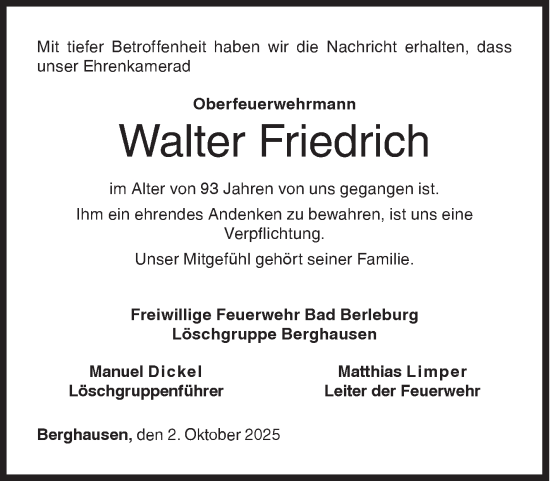 Traueranzeige von Walter Friedrich von Siegener Zeitung