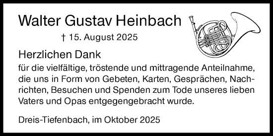 Traueranzeige von Walter Gustav Heinbach von Siegener Zeitung