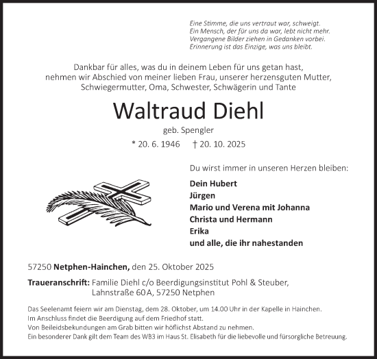 Traueranzeige von Waltraud Diehl von Siegener Zeitung