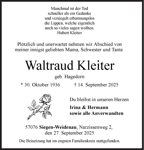 Traueranzeige von Waltraud Kleiter von Siegener Zeitung