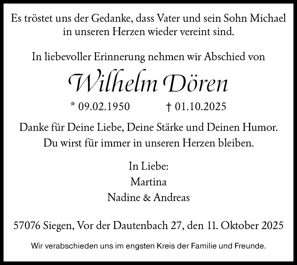  Traueranzeige für Wilhelm Dören vom 11.10.2025 aus Siegener Zeitung