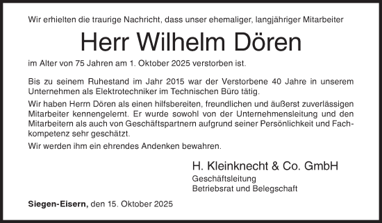 Traueranzeige von Wilhelm Dören von Siegener Zeitung