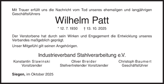 Traueranzeige von Wilhelm Patt von Siegener Zeitung