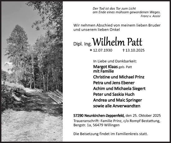 Traueranzeige von Wilhelm Patt von Siegener Zeitung