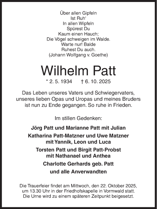 Traueranzeige von Wilhelm Patt von Siegener Zeitung