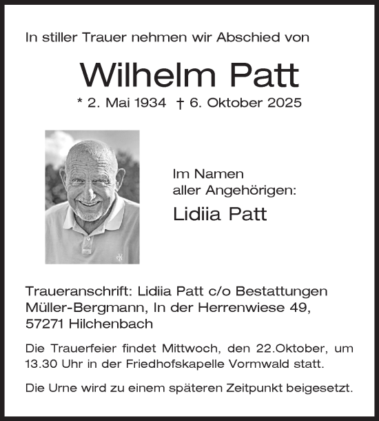 Traueranzeige von Wilhelm Patt von Siegener Zeitung