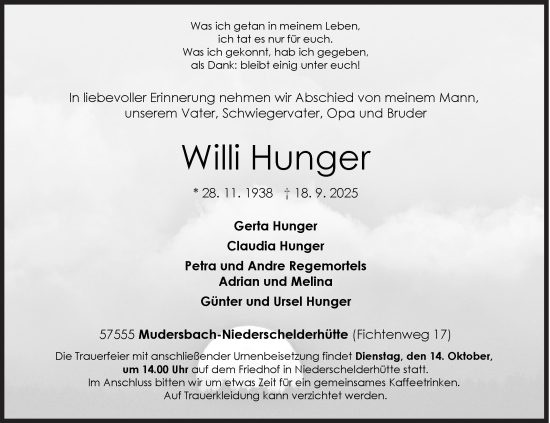 Traueranzeige von Willi Hunger von Siegener Zeitung