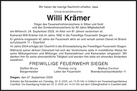 Traueranzeige von Willi Krämer von Siegener Zeitung