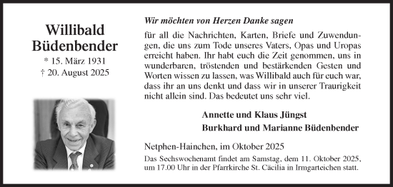 Traueranzeige von Willibald Büdenbender von Siegener Zeitung