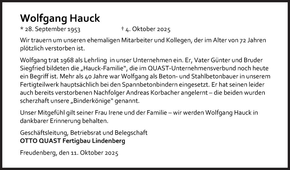  Traueranzeige für Wolfgang Hauck vom 11.10.2025 aus Siegener Zeitung
