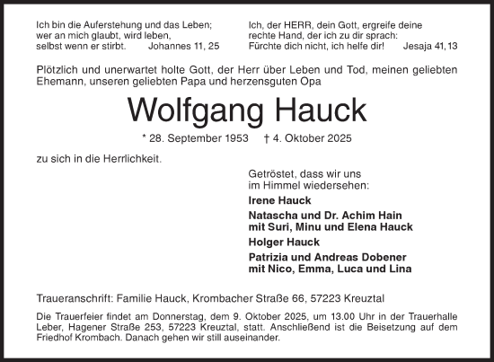 Traueranzeige von Wolfgang Hauck von Siegener Zeitung