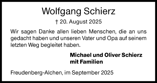 Traueranzeige von Wolfgang Schierz von Siegener Zeitung