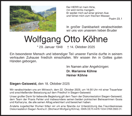 Traueranzeige von Wolfgang Otto Köhne von Siegener Zeitung