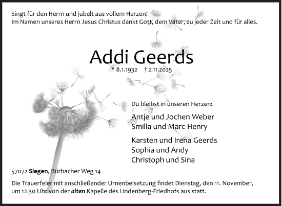 Traueranzeige von Addi Geerds von Siegener Zeitung