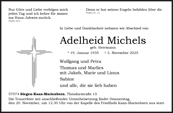 Traueranzeige von Adelheid Michels von Siegener Zeitung