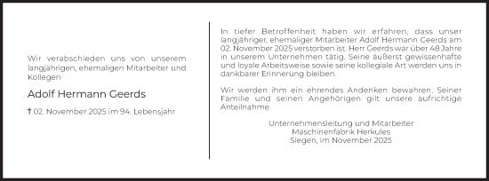 Traueranzeige von Adolf Hermann Geerds von Siegener Zeitung