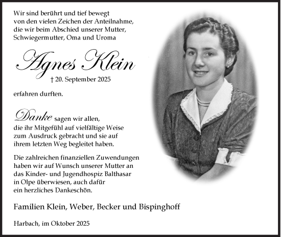 Traueranzeige von Agnes Klein von Siegener Zeitung