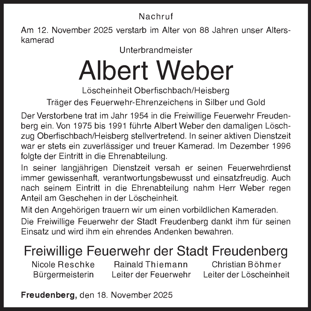  Traueranzeige für Albert Weber vom 18.11.2025 aus Siegener Zeitung