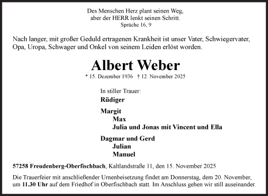 Traueranzeige von Albert Weber von Siegener Zeitung