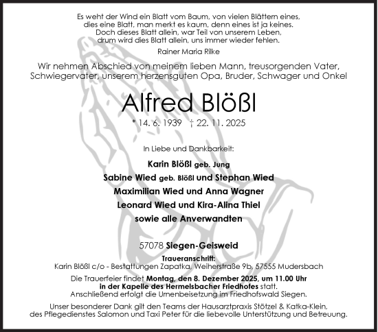 Traueranzeige von Alfred Blößl von Siegener Zeitung