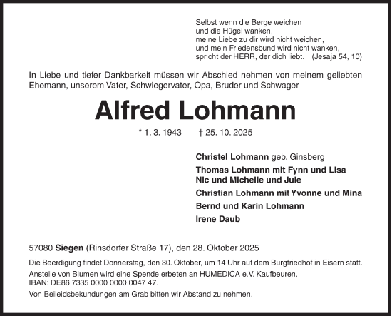 Traueranzeige von Alfred Lohmann von Siegener Zeitung